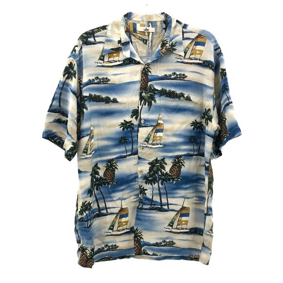 UBC MEDIUM VINTAGE 80s Cream Hawaiian Aloha Shirt Blue Ocean Palm Beach Island - Picture 1 of 4